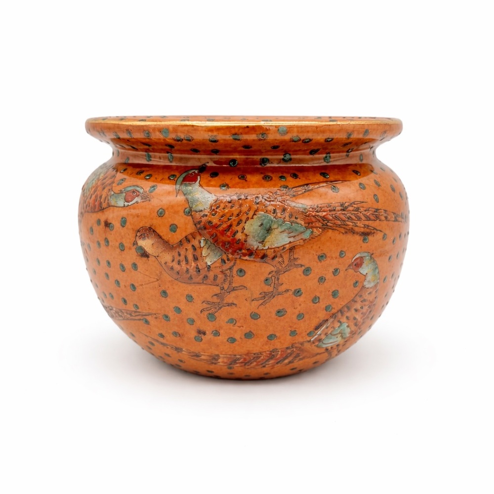Vintage Chinese Export Orange Pheasant Cachepot Oklahoma Import Co